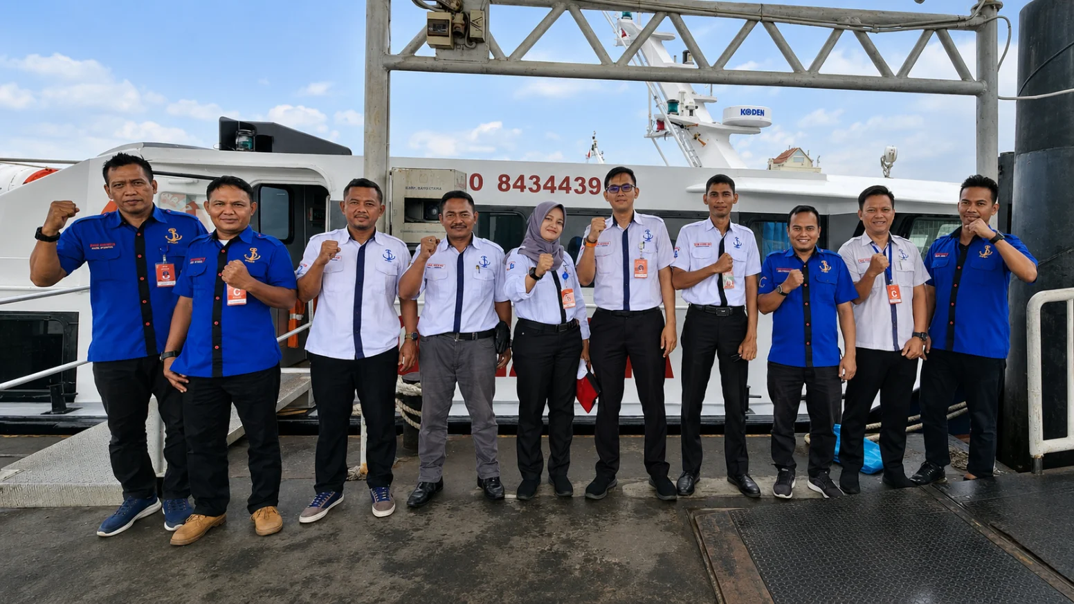 Indomas Ferry crew standing together at the pier